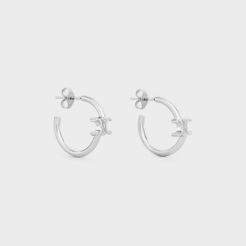 Boucles d'Oreilles Celine Triomphe Asymmetric Hoops In Brass With Rhodium Finish Argent | CL-592296