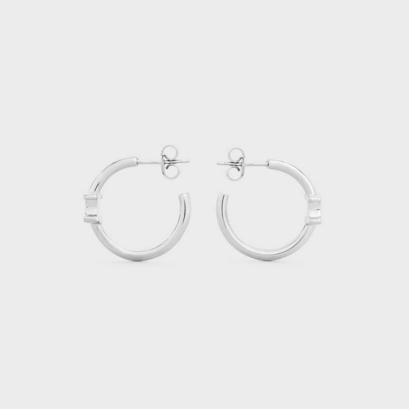 Boucles d'Oreilles Celine Triomphe Asymmetric Hoops In Brass With Rhodium Finish Argent | CL-592296