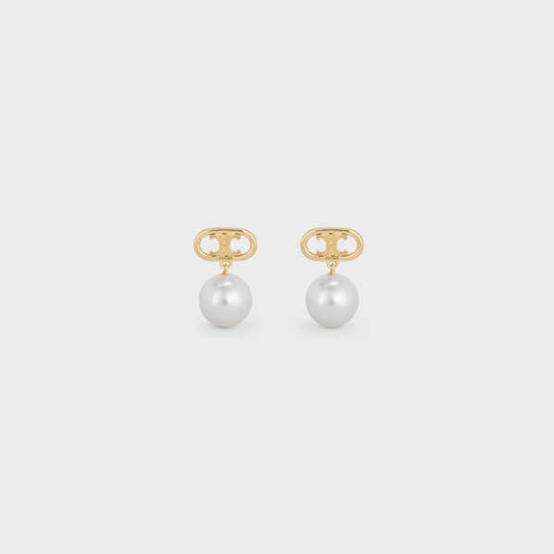 Boucles d\'Oreilles Celine Triomphe Pearl In Brass With Gold Finish And Glass Pearls Doré Blanche | CL-592298