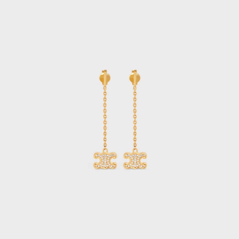 Boucles d\'Oreilles Celine Triomphe Rhinestone Long In Brass With Gold Finish And Crystals Doré | CL-592302