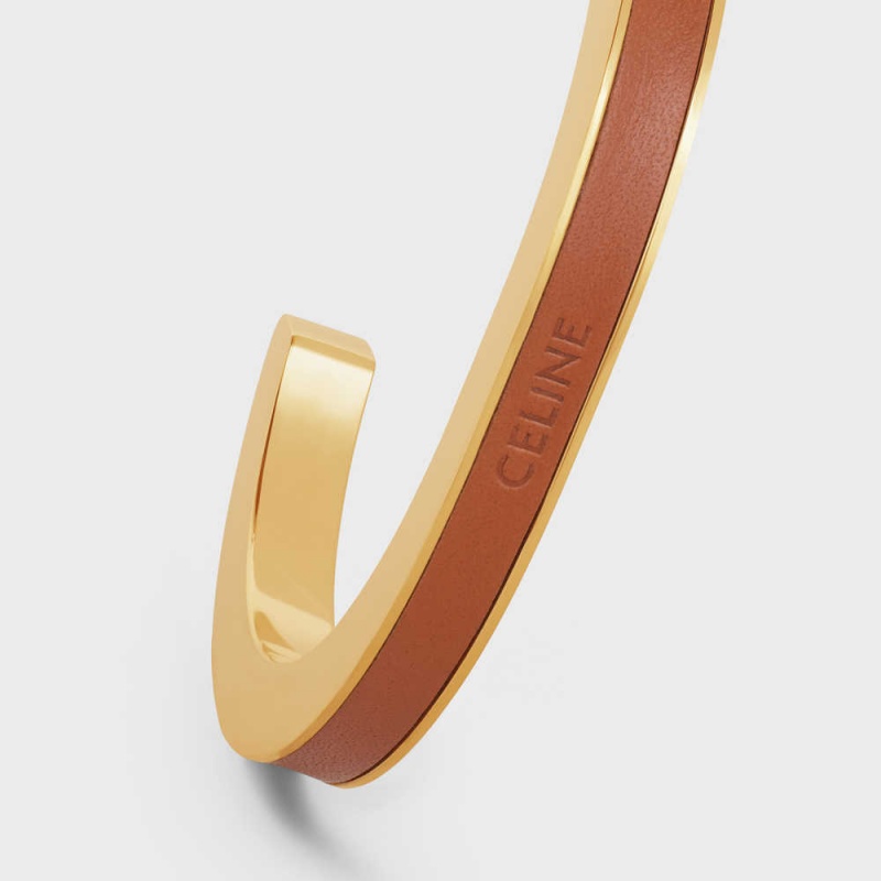 Bracelets Celine Formes Simples Cuir Cuff In Brass With Gold Finish And Calfskin Doré Marron | CL-592214