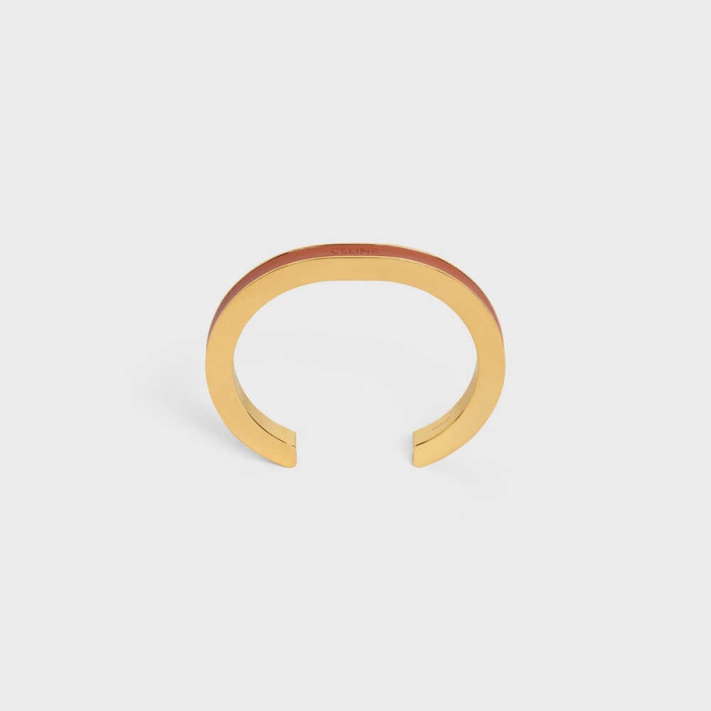 Bracelets Celine Formes Simples Cuir Cuff In Brass With Gold Finish And Calfskin Doré Marron | CL-592214