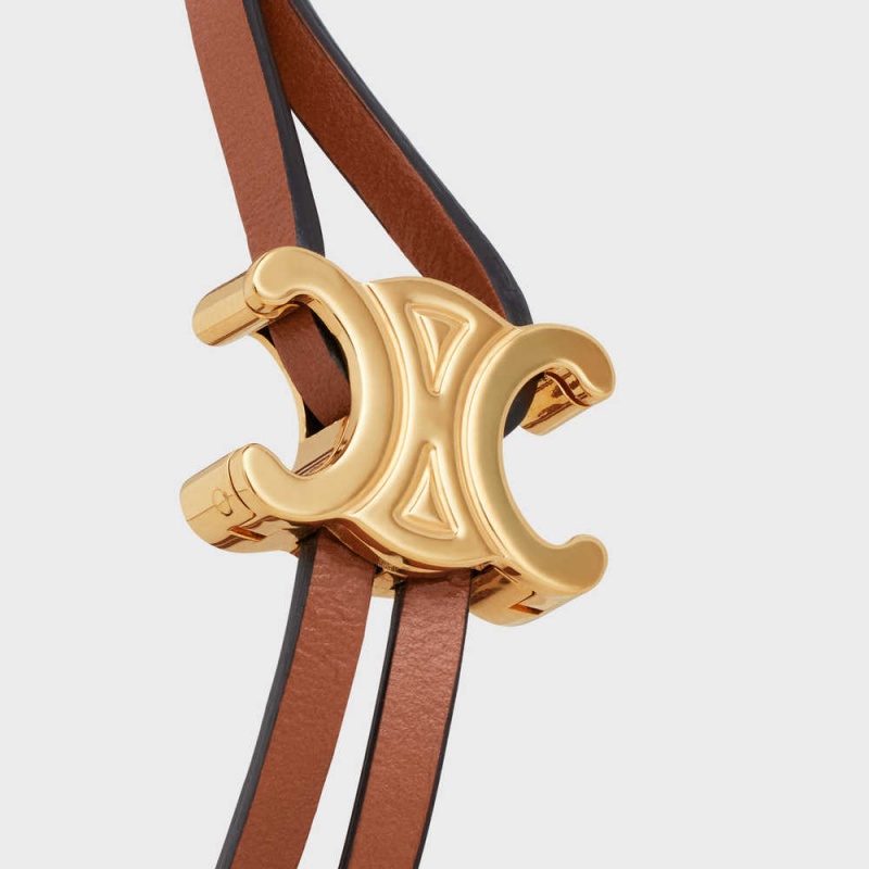 Bracelets Celine Triomphe Clasp In Brass With Gold Finish And Tan Smooth Calfskin Doré Marron | CL-592205