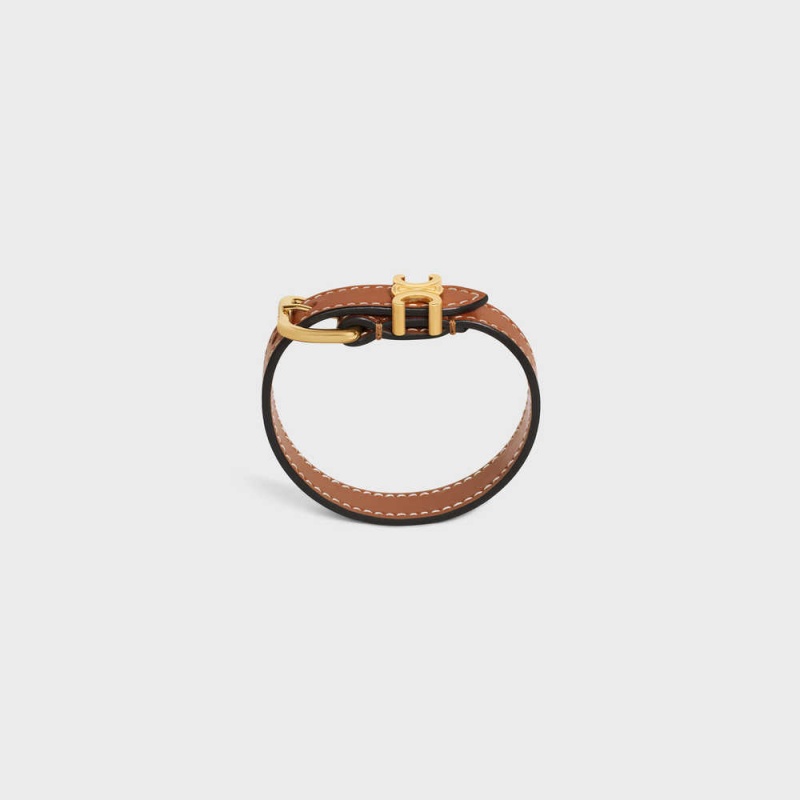 Bracelets Celine Triomphe Cuir In Brass With Gold Finish And Calfskin Doré Marron | CL-592221