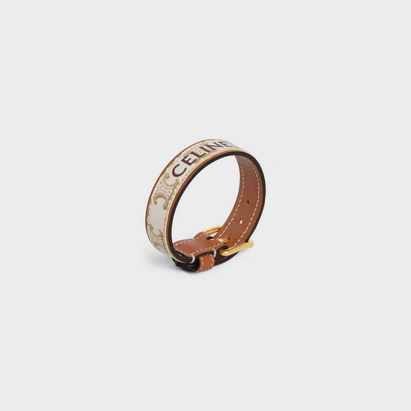 Bracelets Celine Triomphe Tela Cuir In Brass With Gold Finish Doré Blanche | CL-592220