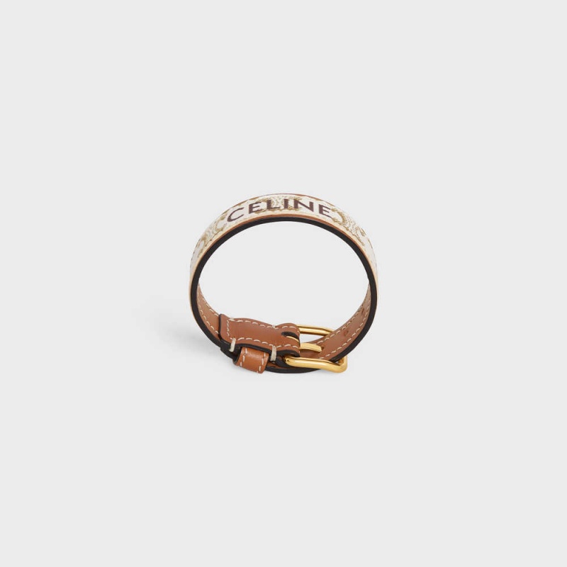 Bracelets Celine Triomphe Tela Cuir In Brass With Gold Finish Doré Blanche | CL-592220