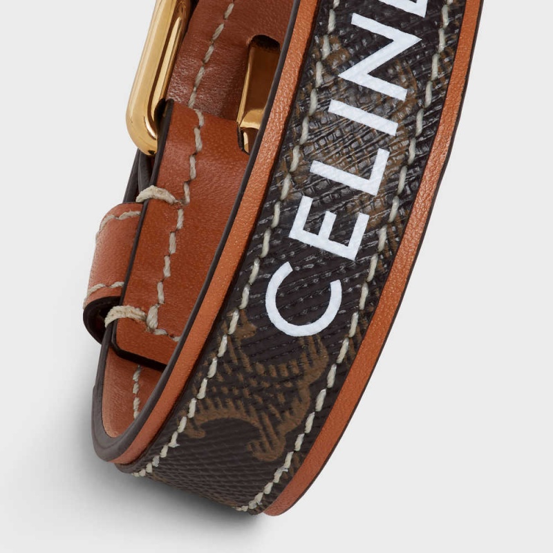 Bracelets Celine Triomphe Tela Cuir In Brass With Gold Finish Doré Marron | CL-592219