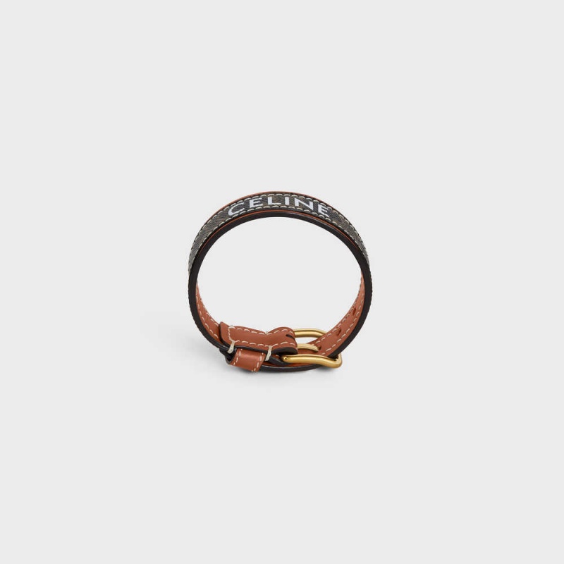 Bracelets Celine Triomphe Tela Cuir In Brass With Gold Finish Doré Marron | CL-592219