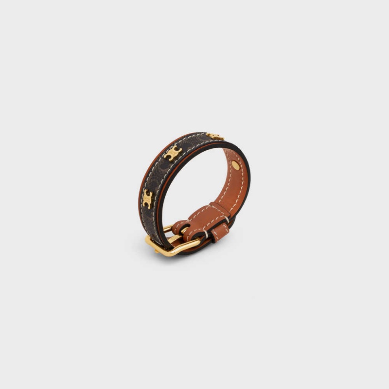 Bracelets Celine Triomphe Tela Triomphe Cuir In Brass With Gold Finish Doré Marron | CL-592222