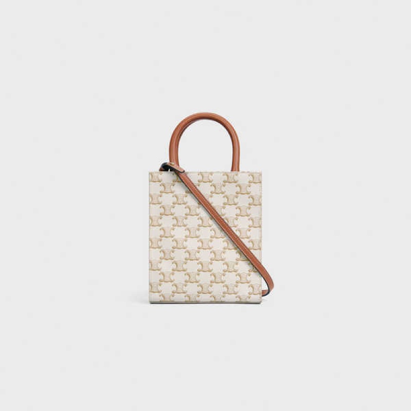 Cabas Celine Mini Vertical In Triomphe Tela And Calfskin With Print Blanche | CL-593086