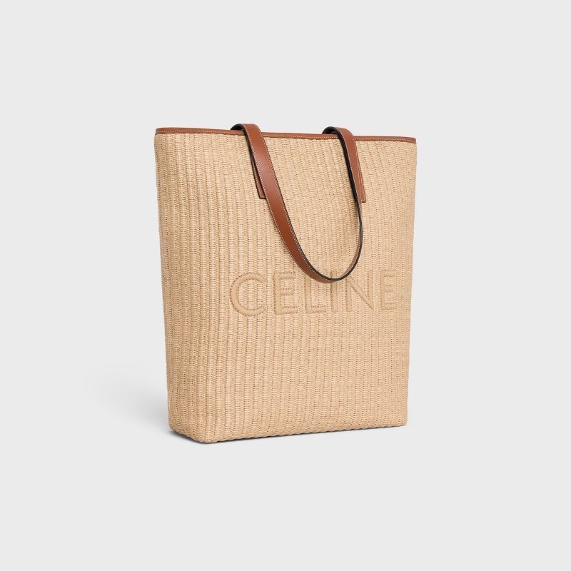 Cabas Celine Museum Bag In Raffia Effect Textile With Celine Embroidery Beige Marron | CL-591835