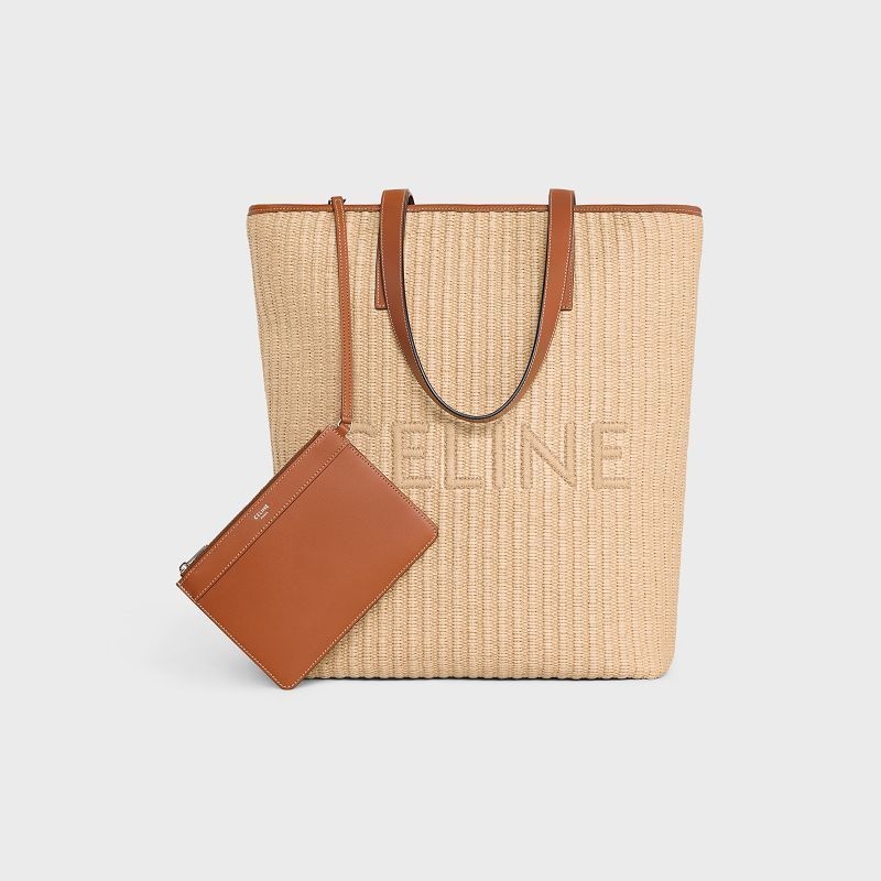 Cabas Celine Museum Bag In Raffia Effect Textile With Celine Embroidery Beige Marron | CL-591835