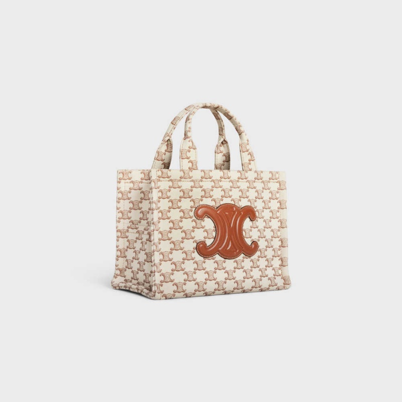 Cabas Celine Small Thais In Textile With Triomphe Tela Print And Calfskin Blanche | CL-593077