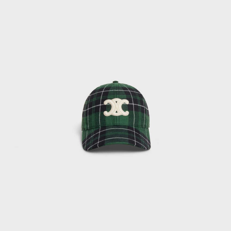 Casquette Celine Triomphe Baseball In Checked Flannel Vert Noir | CL-592359