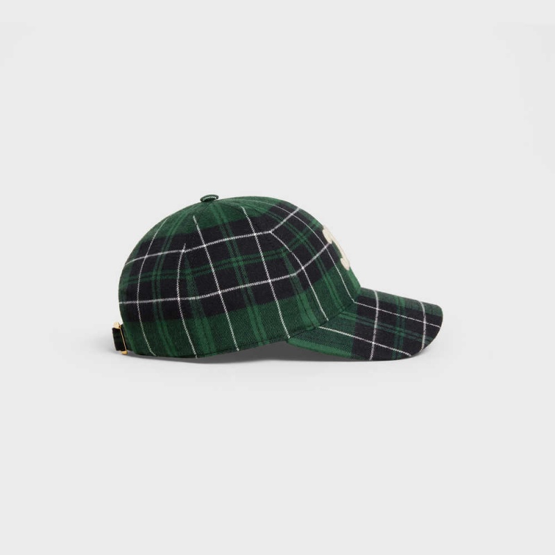 Casquette Celine Triomphe Baseball In Checked Flannel Vert Noir | CL-592359