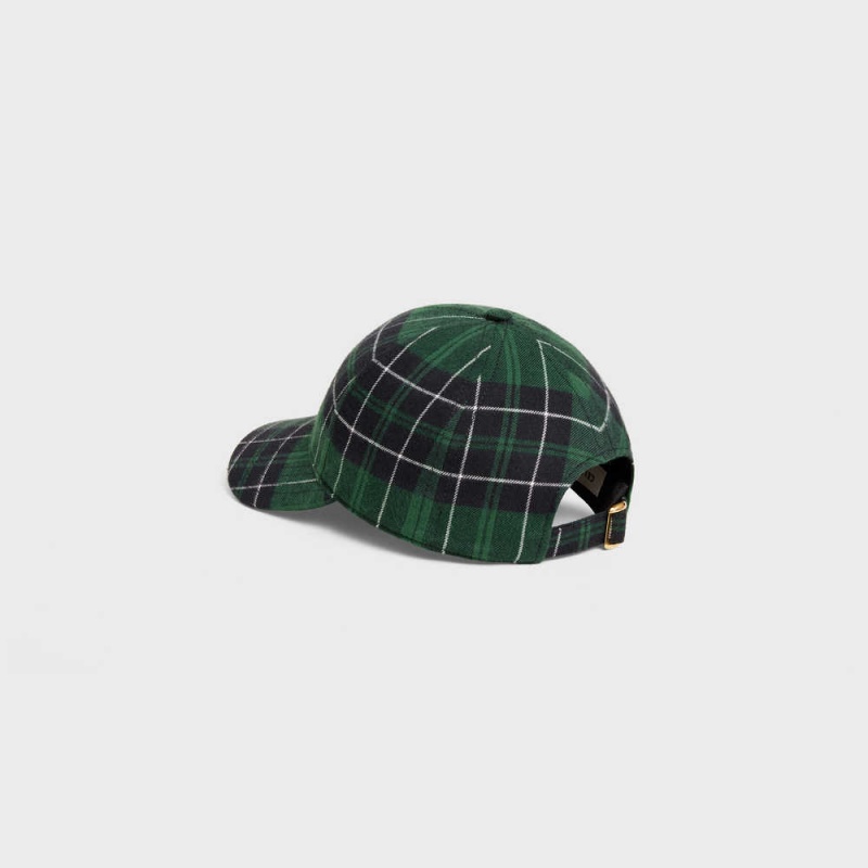 Casquette Celine Triomphe Baseball In Checked Flannel Vert Noir | CL-592359