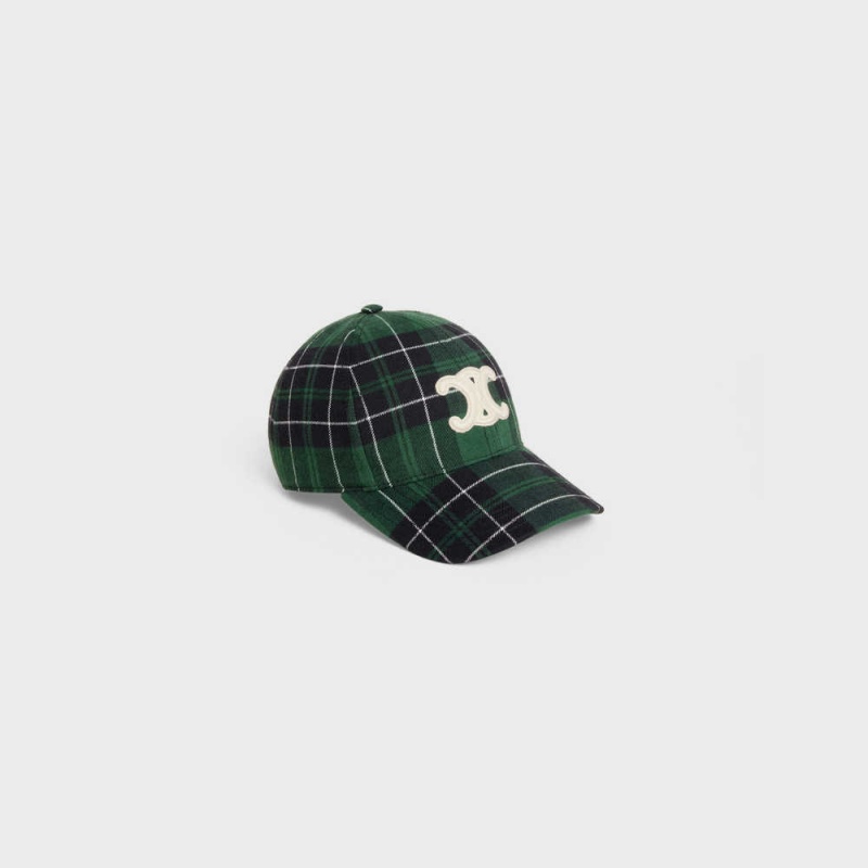 Casquette Celine Triomphe Baseball In Checked Flannel Vert Noir | CL-592359