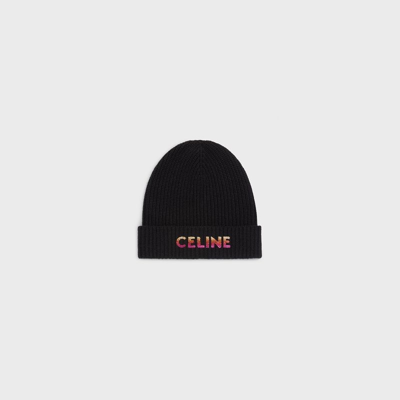 Chapeau Celine Embroidered Beanie In Nervuré Laine Noir | CL-591718