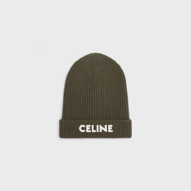 Chapeau Celine Embroidered Beanie In Nervuré Felted Laine Kaki | CL-591716