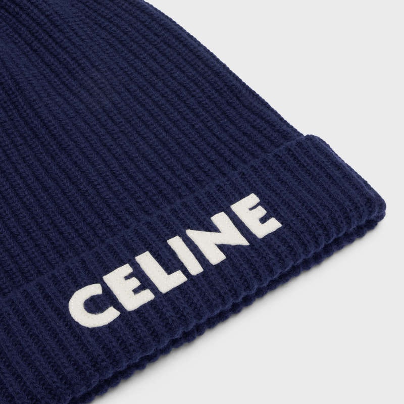 Chapeau Celine Embroidered Beanie In Nervuré Felted Laine Bleu Marine | CL-591715