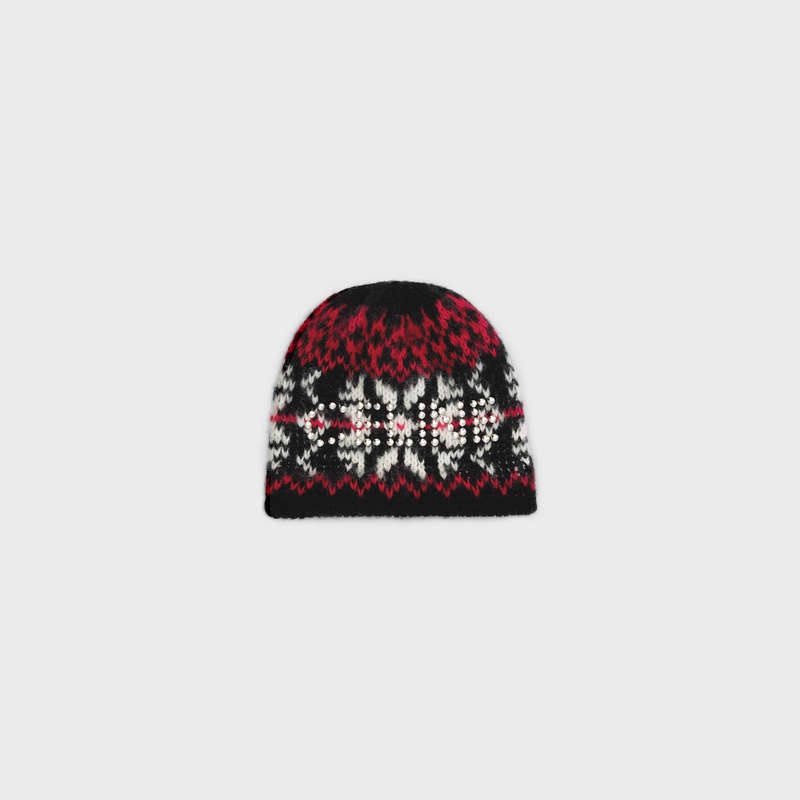 Chapeau Celine Studs Beanie In Snowflakes Laine Noir Rouge Blanche | CL-591719