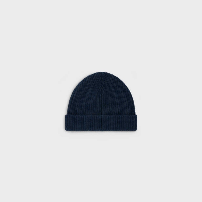 Chapeau Celine Triomphe Embroidered Beanie In Heritage Cashmere Bleu Marine | CL-592371