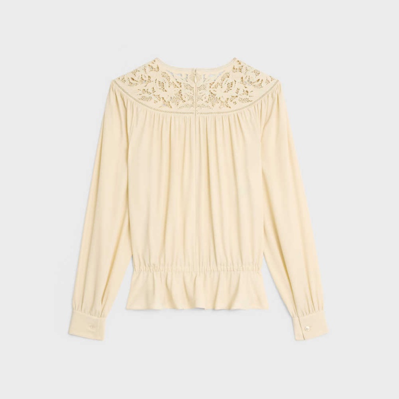 Chemises Celine Guipure Blouse In Silk Crepe And Acetate Jaune Clair | CL-592830