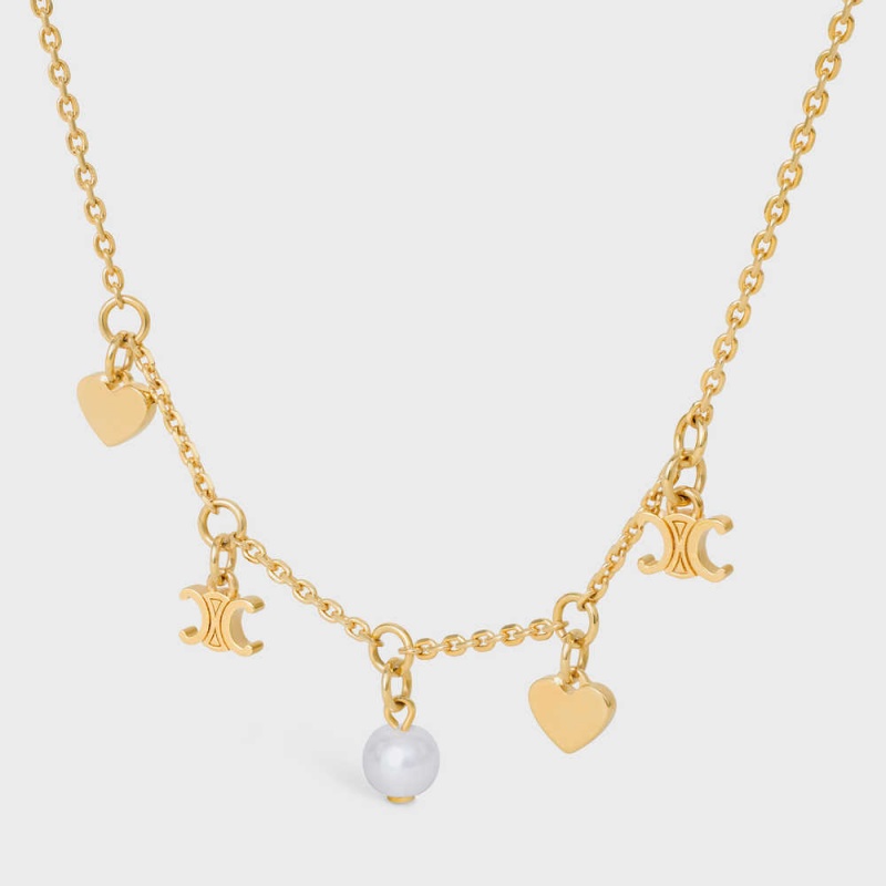 Colliers Celine CœUr Charms In Brass With Gold Finish And Resin Pearl Doré Blanche | CL-592242