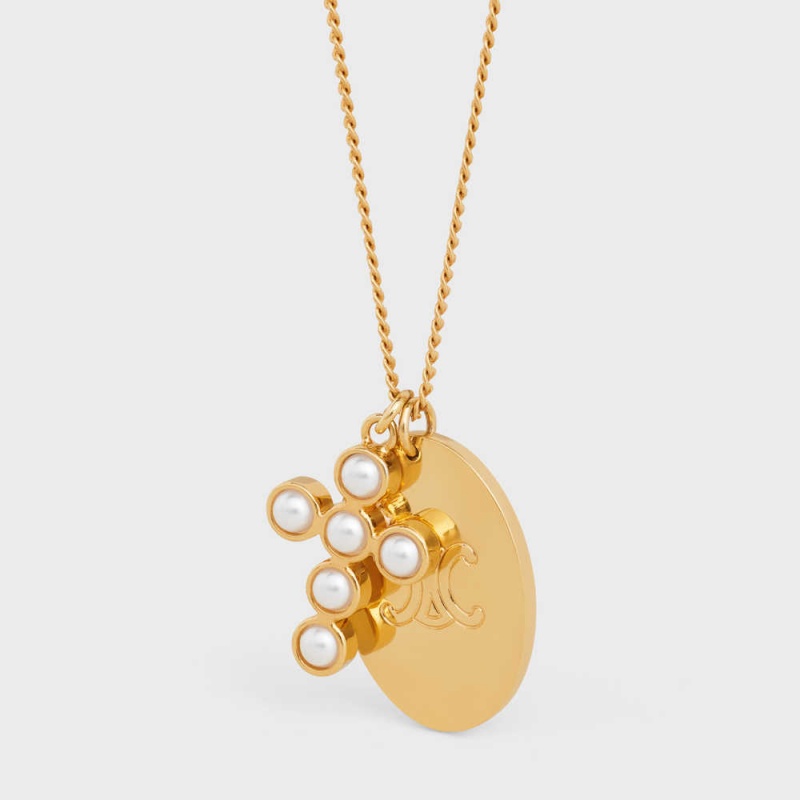 Colliers Celine Triomphe Folk Pearl In Brass With Gold Finish And Resin Pearls Doré Blanche | CL-592257