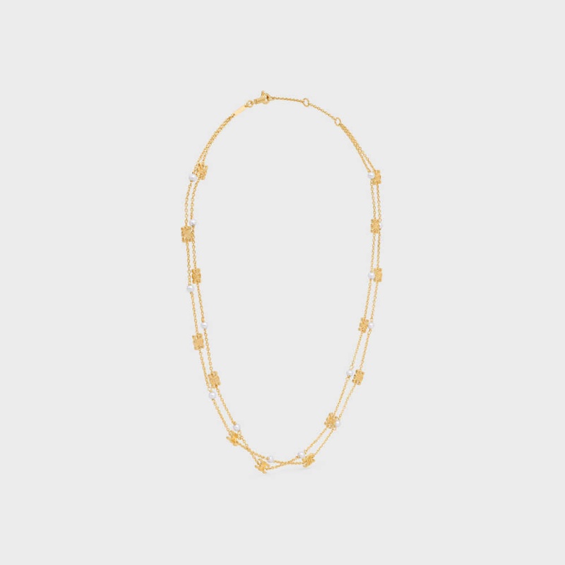 Colliers Celine Triomphe Pearl Double In Brass With Gold Finish And Resin Pearls Doré Blanche | CL-592241