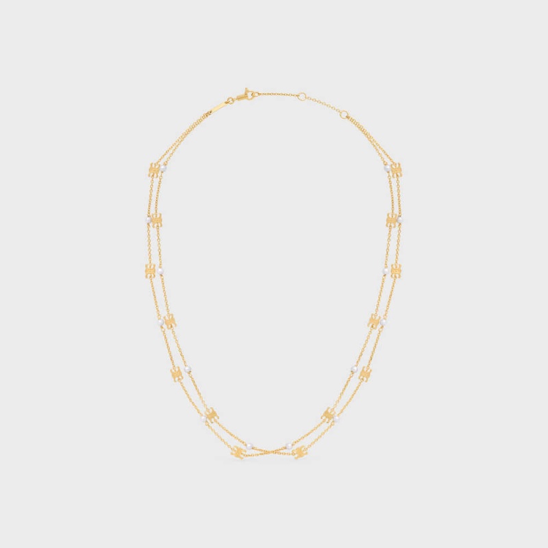 Colliers Celine Triomphe Pearl Double In Brass With Gold Finish And Resin Pearls Doré Blanche | CL-592241