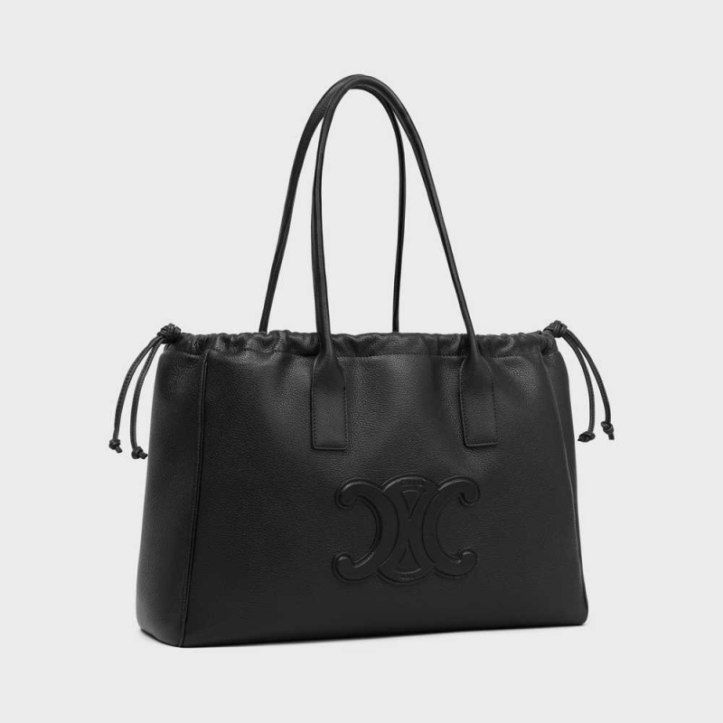 Cuir Triomphe Celine Cabas Drawstring In Grained Calfskin Noir | CL-593152