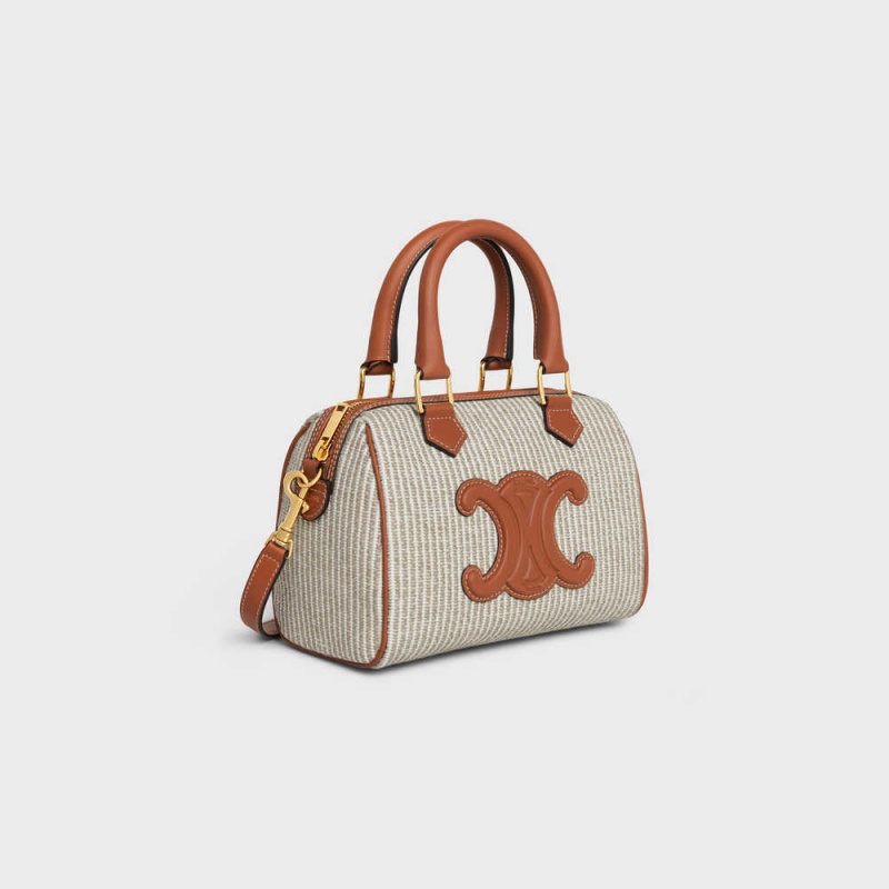 Cuir Triomphe Celine Small Boston In Rayé Textile And Calfskin Beige | CL-593151