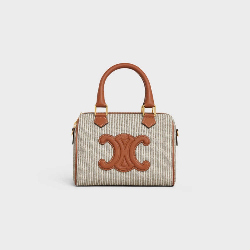 Cuir Triomphe Celine Small Boston In Rayé Textile And Calfskin Beige | CL-593151