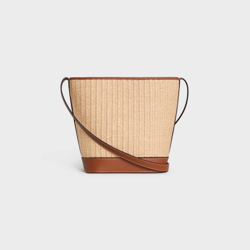 Cuir Triomphe Celine Small Bucket In Raffia Effect Textile And Calfskin Beige Marron | CL-593165