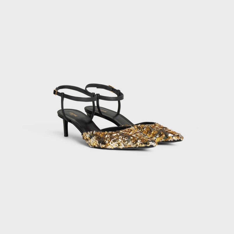 Escarpin Celine Kitten In Embroidered Calfskin & Calfskin Doré Noir | CL-592562