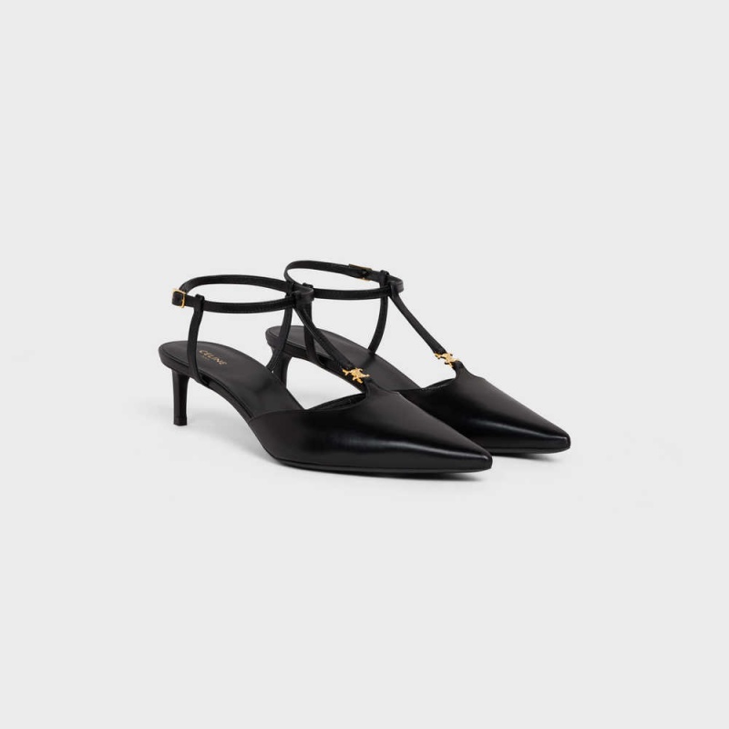 Escarpin Celine Kitten Triomphe Bar Brides In Calfskin Noir | CL-592558