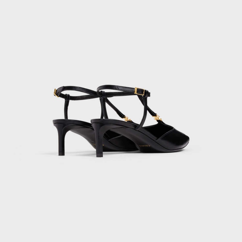 Escarpin Celine Kitten Triomphe Bar Brides In Calfskin Noir | CL-592558