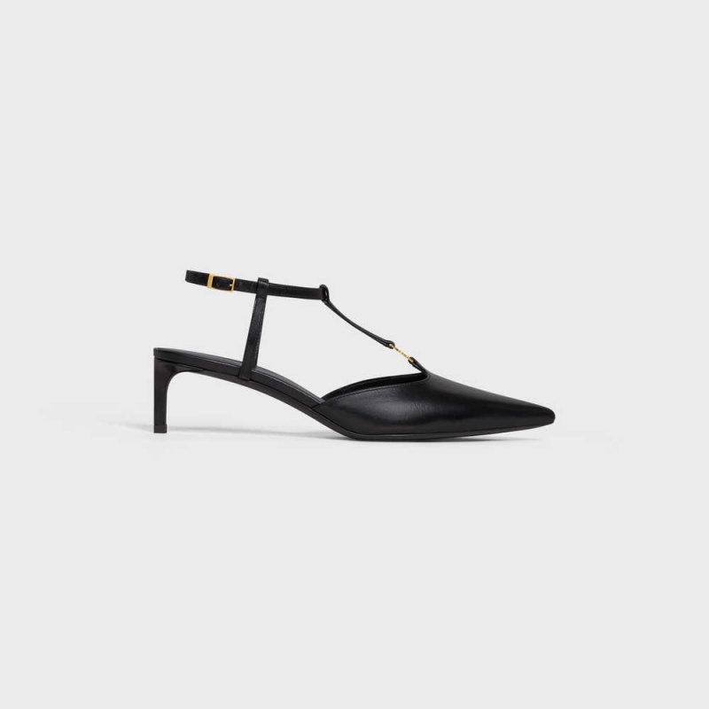 Escarpin Celine Kitten Triomphe Bar Brides In Calfskin Noir | CL-592558