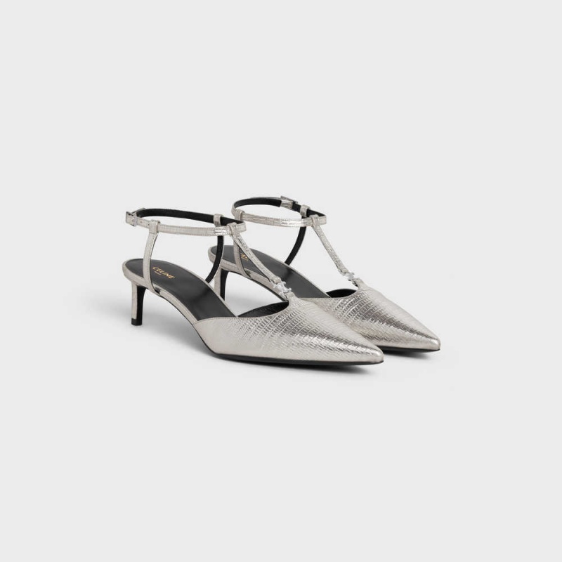 Escarpin Celine Kitten Triomphe Bar Brides In Lizard Stamped Metalized Calfskin Argent | CL-592557