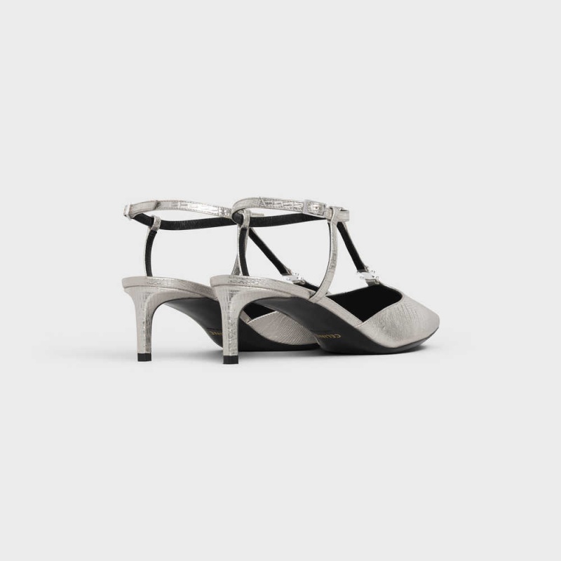 Escarpin Celine Kitten Triomphe Bar Brides In Lizard Stamped Metalized Calfskin Argent | CL-592557