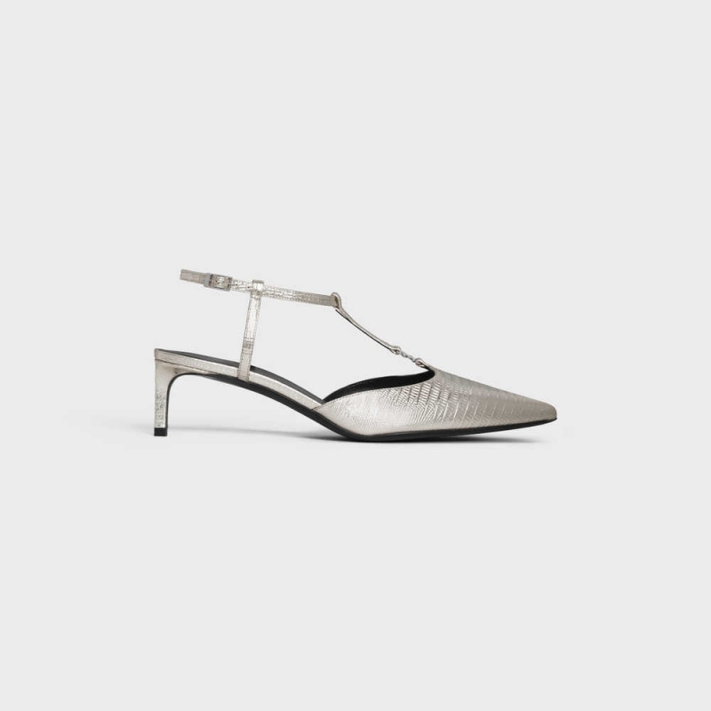 Escarpin Celine Kitten Triomphe Bar Brides In Lizard Stamped Metalized Calfskin Argent | CL-592557