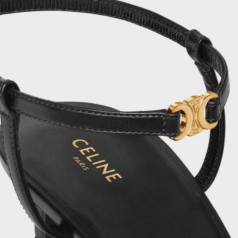 Escarpin Celine Kitten With Brides Triomphe In Calfskin Gold Finishing Noir | CL-592559