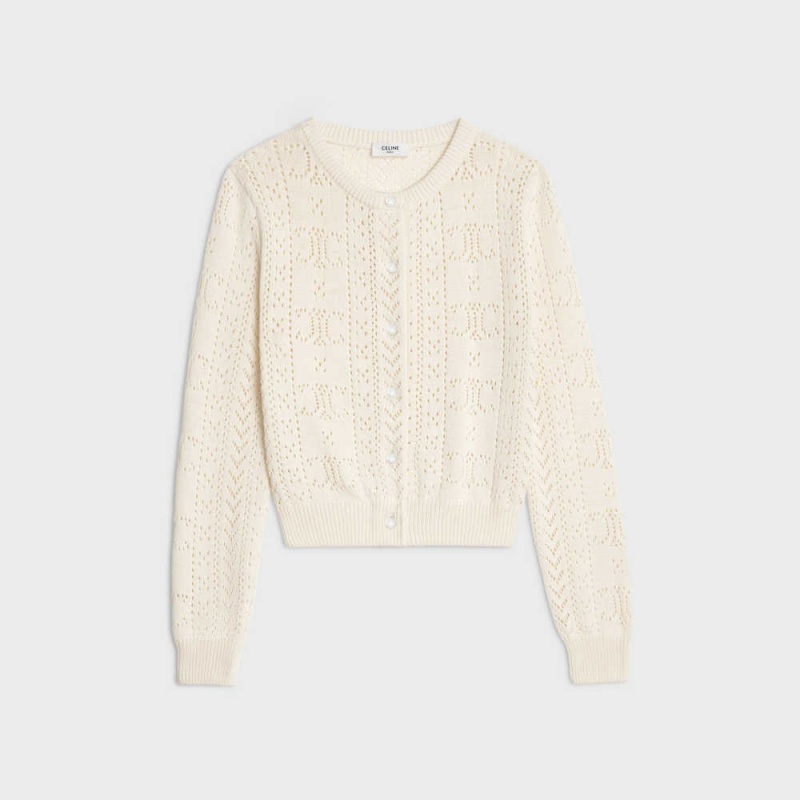 Knitwear Celine Cardigan In Triomphe Coton Pointelle Blanche | CL-592691