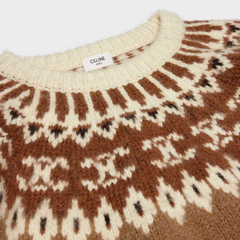 Knitwear Celine Crew Neck In Triomphe Fair Isle Laine Marron | CL-592706