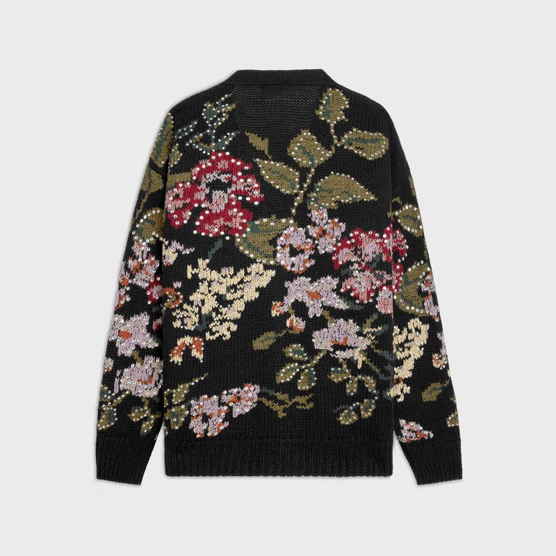 Knitwear Celine Floral Embroidered Cardigan In Laine Noir | CL-592088