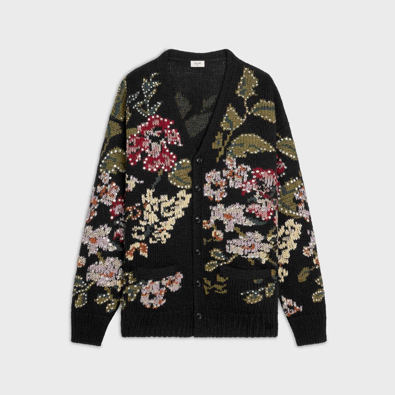 Knitwear Celine Floral Embroidered Cardigan In Laine Noir | CL-592088