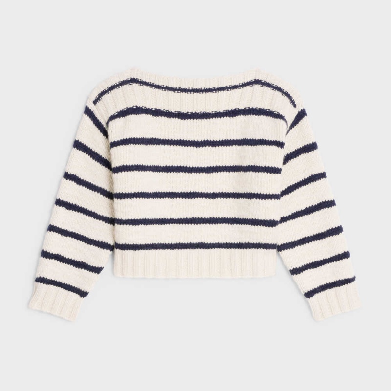 Knitwear Celine MarinièRe Bateau Neck In Cashmere Blanche Bleu Marine | CL-592695