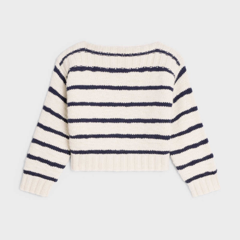 Knitwear Celine MarinièRe Bateau Neck In Cashmere Blanche Bleu Marine | CL-592695