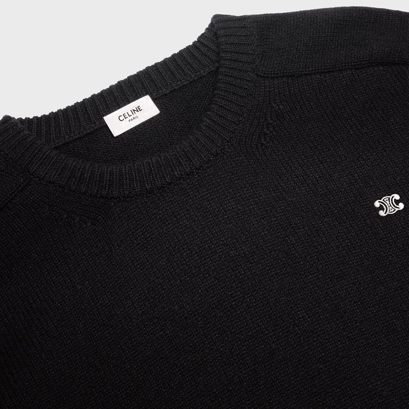 Knitwear Celine Triomphe Crew Neck In Laine And Cashmere Noir Blanche | CL-592094